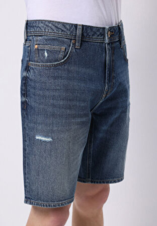 Regular Fit Orta Bel Düz Erkek İndigo Jean Şort