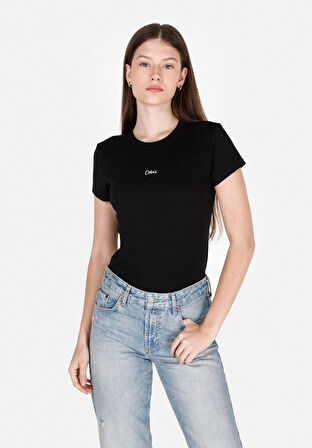 Slim Fit Yuvarlak Yaka Düz Kadın Siyah Kısa Kol Tişört Cl1074441
