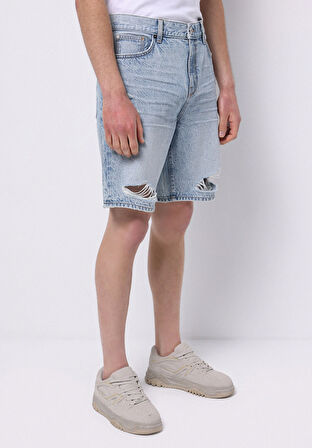 Loose Straight Fit Orta Bel Düz Erkek İndigo Jean Şort