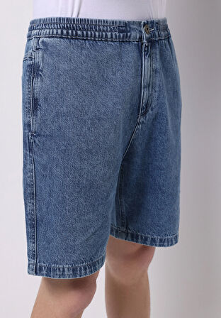 Regular Fit Orta Bel Düz Erkek İndigo Jean Şort