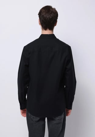 Regular Fit Shirt Neck Düz Erkek Siyah Uzun Kol Gömlek