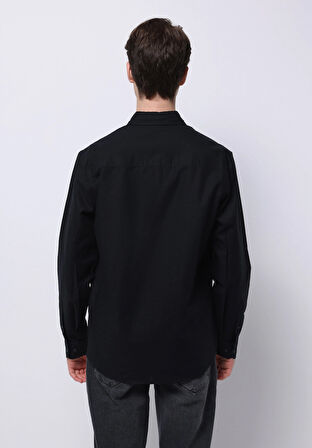 Regular Fit Shirt Neck Düz Erkek Keten Karışımlı Siyah Uzun Kol Gömlek