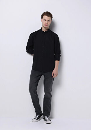 Regular Fit Shirt Neck Düz Erkek Keten Karışımlı Siyah Uzun Kol Gömlek