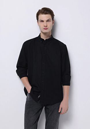 Regular Fit Shirt Neck Düz Erkek Keten Karışımlı Siyah Uzun Kol Gömlek