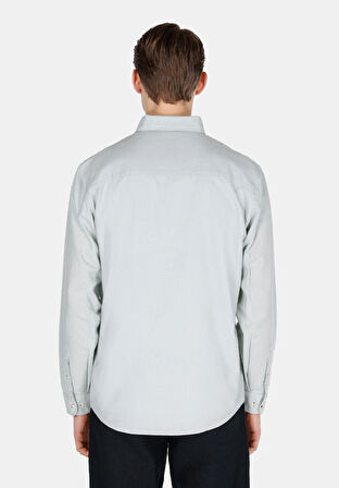 Regular Fit Shirt Neck Düz Erkek Keten Karışımlı Yeşil Uzun Kol Gömlek