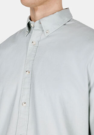Regular Fit Shirt Neck Düz Erkek Keten Karışımlı Yeşil Uzun Kol Gömlek