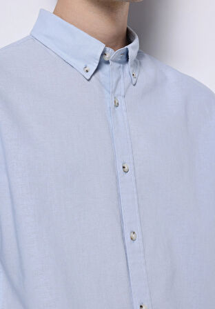 Regular Fit Shirt Neck Düz Erkek Keten Karışımlı Mavi Uzun Kol Gömlek