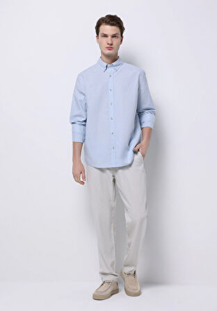 Regular Fit Shirt Neck Düz Erkek Keten Karışımlı Mavi Uzun Kol Gömlek