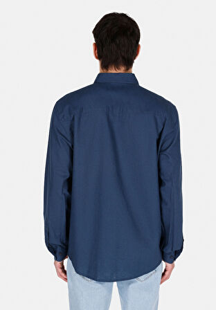 Regular Fit Shirt Neck Düz Erkek Lacivert Uzun Kol Gömlek