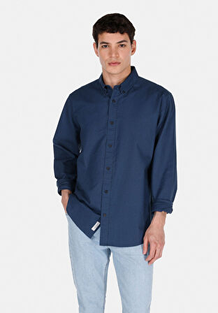 Regular Fit Shirt Neck Düz Erkek Lacivert Uzun Kol Gömlek
