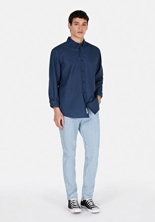 Regular Fit Shirt Neck Düz Erkek Lacivert Uzun Kol Gömlek