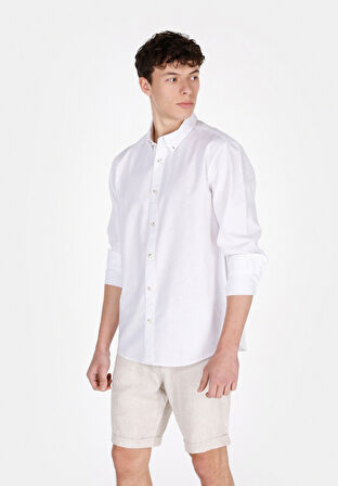 Regular Fit Shirt Neck Düz Erkek Keten Karışımlı Beyaz Uzun Kol Gömlek