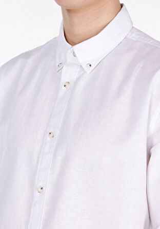 Regular Fit Shirt Neck Düz Erkek Keten Karışımlı Beyaz Uzun Kol Gömlek