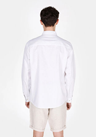 Regular Fit Shirt Neck Düz Erkek Keten Karışımlı Beyaz Uzun Kol Gömlek