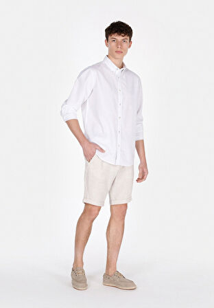 Regular Fit Shirt Neck Düz Erkek Keten Karışımlı Beyaz Uzun Kol Gömlek