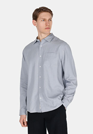 Relax Fit Shirt Neck Düz Erkek Gri Uzun Kol Gömlek