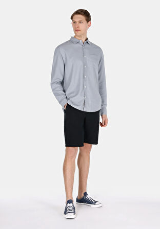 Relax Fit Shirt Neck Düz Erkek Gri Uzun Kol Gömlek