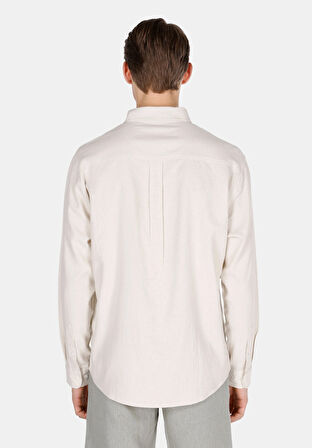 Relax Fit Shirt Neck Düz Erkek Bej Uzun Kol Gömlek