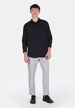 Relaxed Fit Shirt Neck Düz Erkek Keten Karışımlı Siyah Uzun Kol Gömlek