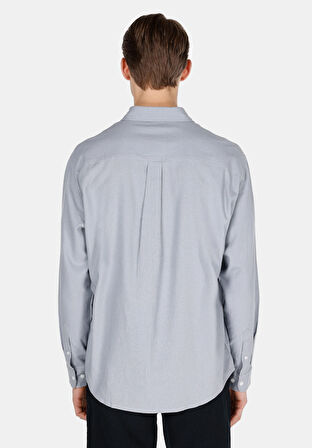 Relaxed Fit Shirt Neck Düz Erkek Keten Karışımlı Gri Uzun Kol Gömlek