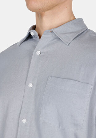 Relaxed Fit Shirt Neck Düz Erkek Keten Karışımlı Gri Uzun Kol Gömlek