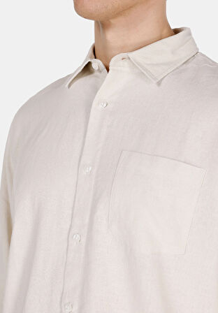 Relaxed Fit Shirt Neck Düz Erkek Bej Uzun Kol Gömlek