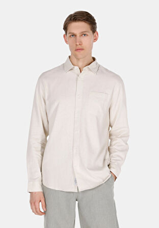 Relaxed Fit Shirt Neck Düz Erkek Bej Uzun Kol Gömlek