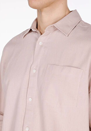 Relaxed Fit Shirt Neck Düz Erkek Pembe Uzun Kol Gömlek