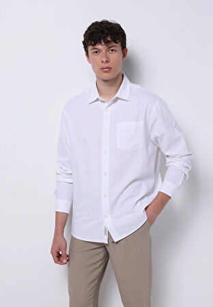 Relaxed Fit Shirt Neck Düz Erkek Keten Karışımlı Beyaz Uzun Kol Gömlek