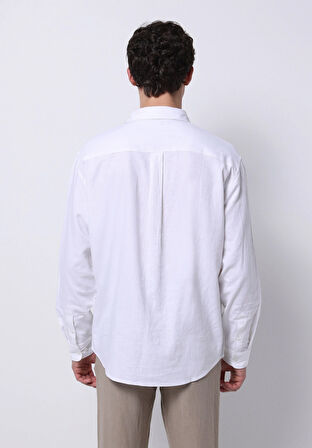 Relaxed Fit Shirt Neck Düz Erkek Keten Karışımlı Beyaz Uzun Kol Gömlek