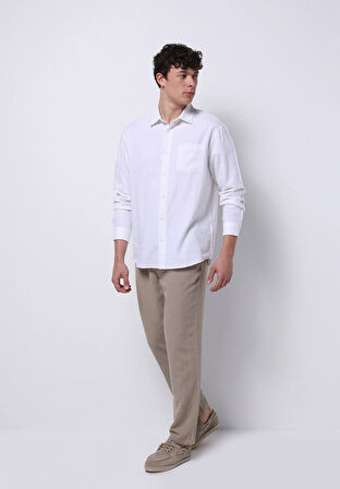 Relaxed Fit Shirt Neck Düz Erkek Keten Karışımlı Beyaz Uzun Kol Gömlek
