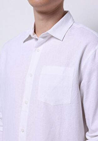 Relaxed Fit Shirt Neck Düz Erkek Keten Karışımlı Beyaz Uzun Kol Gömlek
