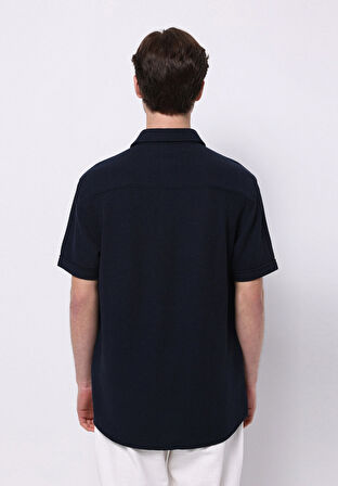 Regular Fit Shirt Neck Jakarlı Erkek Lacivert Kısa Kol Gömlek