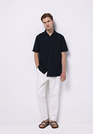 Regular Fit Shirt Neck Jakarlı Erkek Lacivert Kısa Kol Gömlek