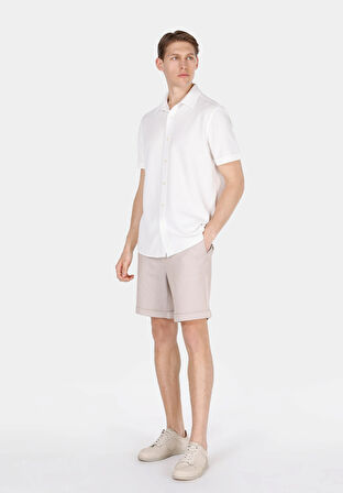Regular Fit Shirt Neck Jakarlı Erkek Beyaz Kısa Kol Gömlek