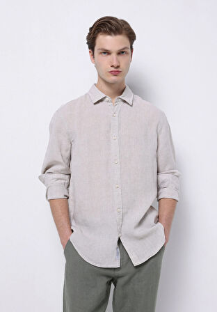 Regular Fit Shirt Neck Düz Erkek Keten Karışımlı Bej Uzun Kol Gömlek