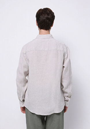 Regular Fit Shirt Neck Düz Erkek Keten Karışımlı Bej Uzun Kol Gömlek