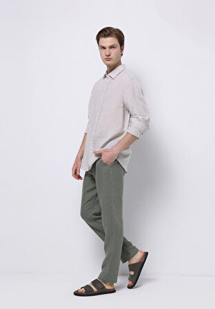 Regular Fit Shirt Neck Düz Erkek Keten Karışımlı Bej Uzun Kol Gömlek