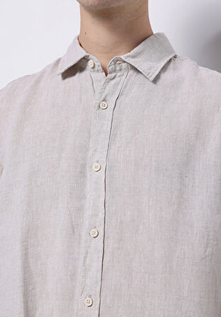 Regular Fit Shirt Neck Düz Erkek Keten Karışımlı Bej Uzun Kol Gömlek