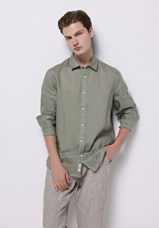 Regular Fit Shirt Neck Düz Erkek Keten Karışımlı Yeşil Uzun Kol Gömlek