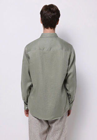 Regular Fit Shirt Neck Düz Erkek Keten Karışımlı Yeşil Uzun Kol Gömlek