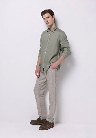 Regular Fit Shirt Neck Düz Erkek Keten Karışımlı Yeşil Uzun Kol Gömlek