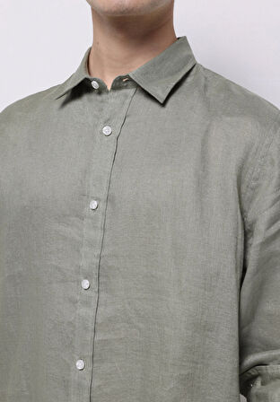 Regular Fit Shirt Neck Düz Erkek Keten Karışımlı Yeşil Uzun Kol Gömlek