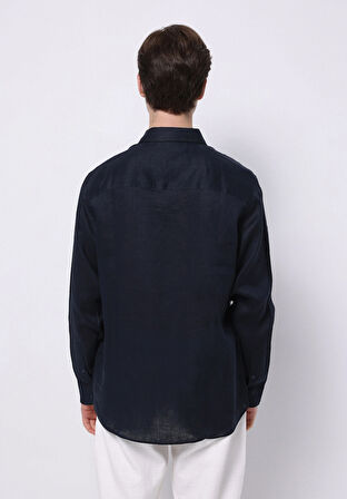 Regular Fit Shirt Neck Düz Erkek Keten Karışımlı Lacivert Uzun Kol Gömlek