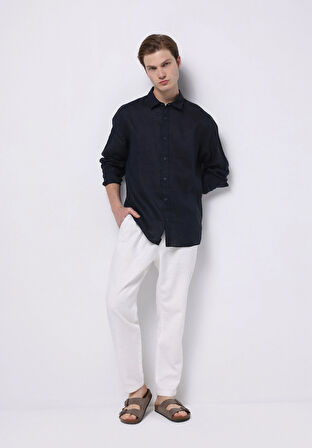 Regular Fit Shirt Neck Düz Erkek Keten Karışımlı Lacivert Uzun Kol Gömlek