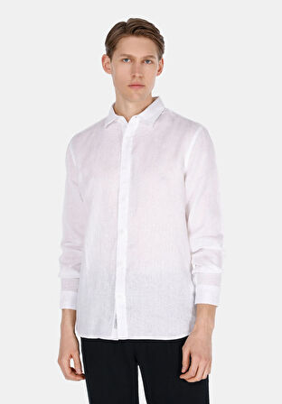 Regular Fit Shirt Neck Düz Erkek Keten Karışımlı Beyaz Uzun Kol Gömlek