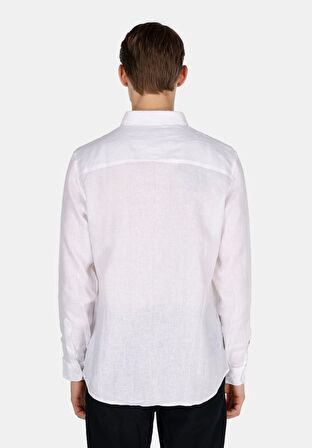 Regular Fit Shirt Neck Düz Erkek Keten Karışımlı Beyaz Uzun Kol Gömlek