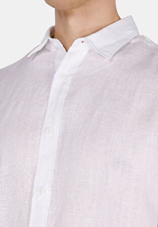 Regular Fit Shirt Neck Düz Erkek Keten Karışımlı Beyaz Uzun Kol Gömlek