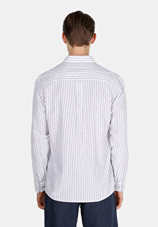 Regular Fit Shirt Neck Çizgili Erkek Keten Karışımlı Lacivert Uzun Kol Gömlek