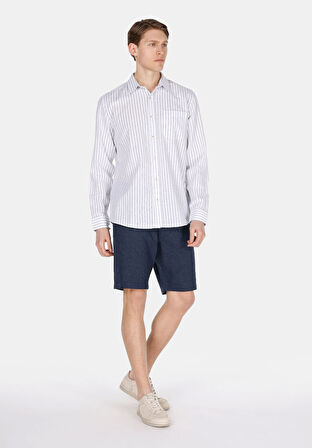 Regular Fit Shirt Neck Çizgili Erkek Keten Karışımlı Lacivert Uzun Kol Gömlek